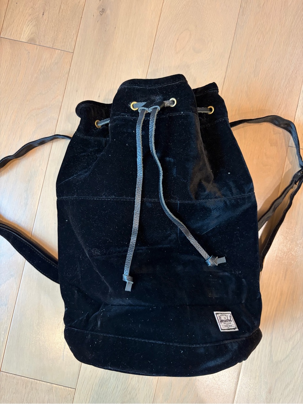 Herschel Black Velvet Drawstring Backpack